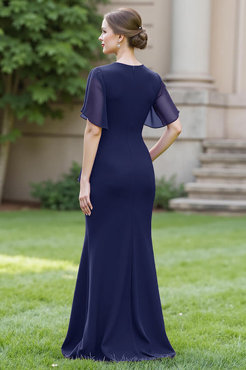 Ruched Sheath Round Neck Long Navy Mother of the Bride Dress with Sash
